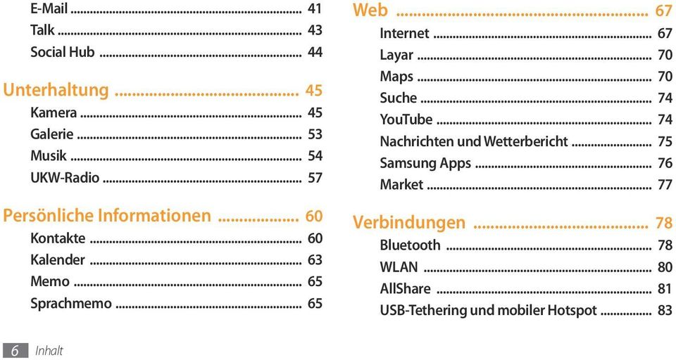 .. 67 Layar... 70 Maps... 70 Suche... 74 YouTube... 74 Nachrichten und Wetterbericht... 75 Samsung Apps.