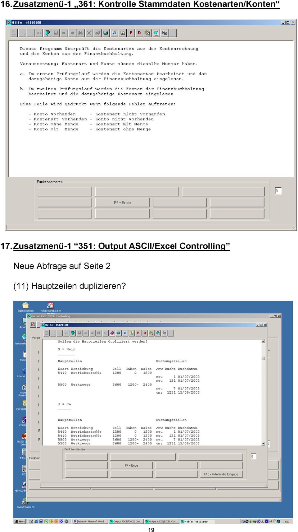 Zusatzmenü-1 351: Output ASCII/Excel