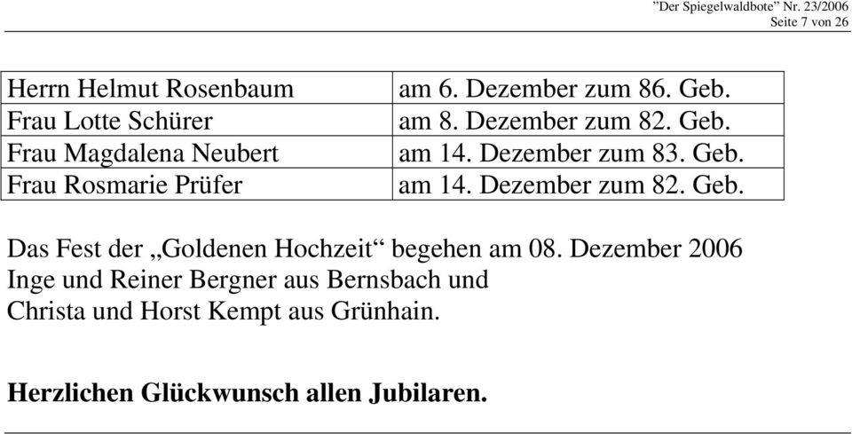 Dezember 2006 Inge und Reiner Bergner aus Bernsbach und Christa und Horst Kempt aus Grünhain.