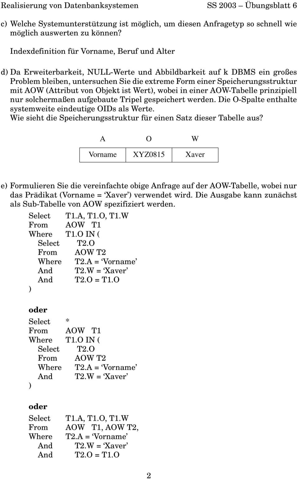AOW (Attribut von Objekt ist Wert), wobei in einer AOW-Tabelle prinzipiell nur solchermaßen aufgebaute Tripel gespeichert werden. Die O-Spalte enthalte systemweite eindeutige OIDs als Werte.