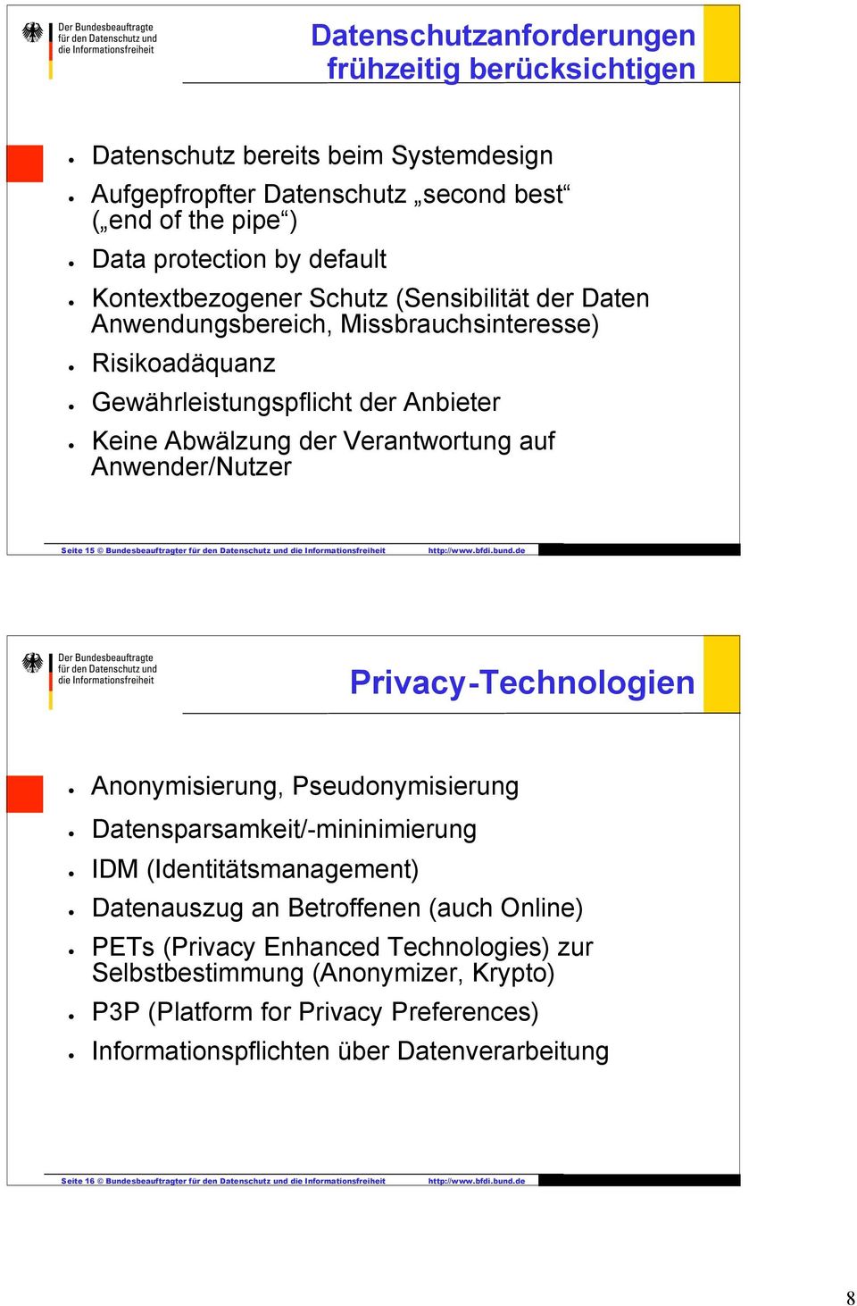 für den Datenschutz und die Informationsfreiheit Privacy-Technologien Anonymisierung, Pseudonymisierung Datensparsamkeit/-mininimierung IDM (Identitätsmanagement) Datenauszug an Betroffenen (auch