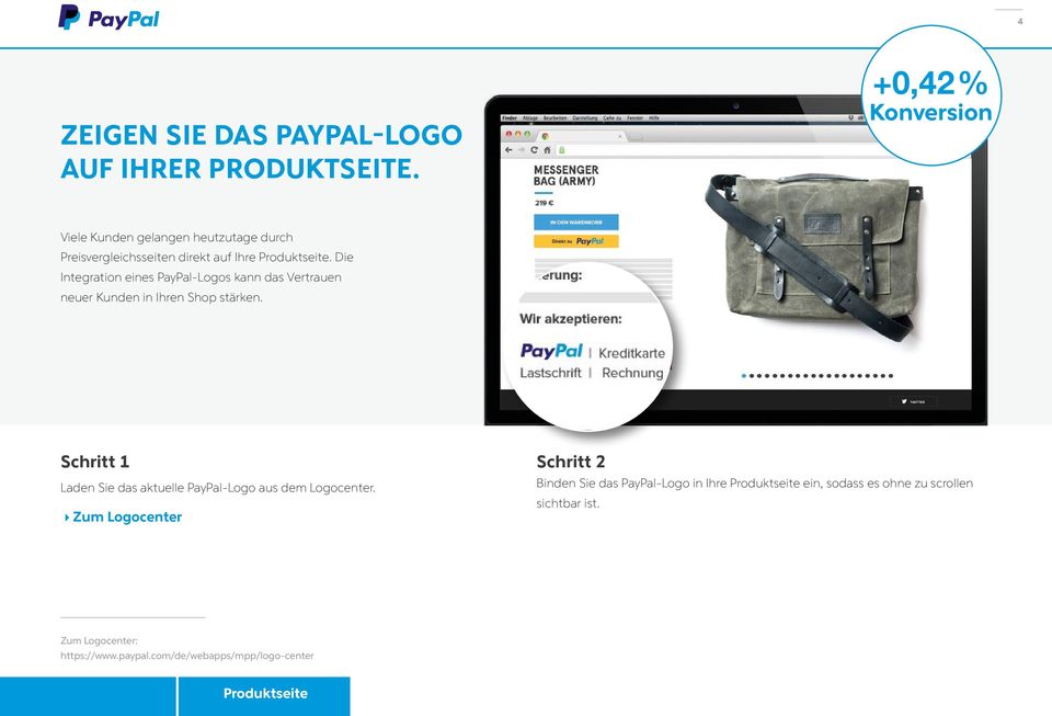 Die Integration eines PayPal-Logos kann das Vertrauen neuer Kunden in Ihren Shop stärken.