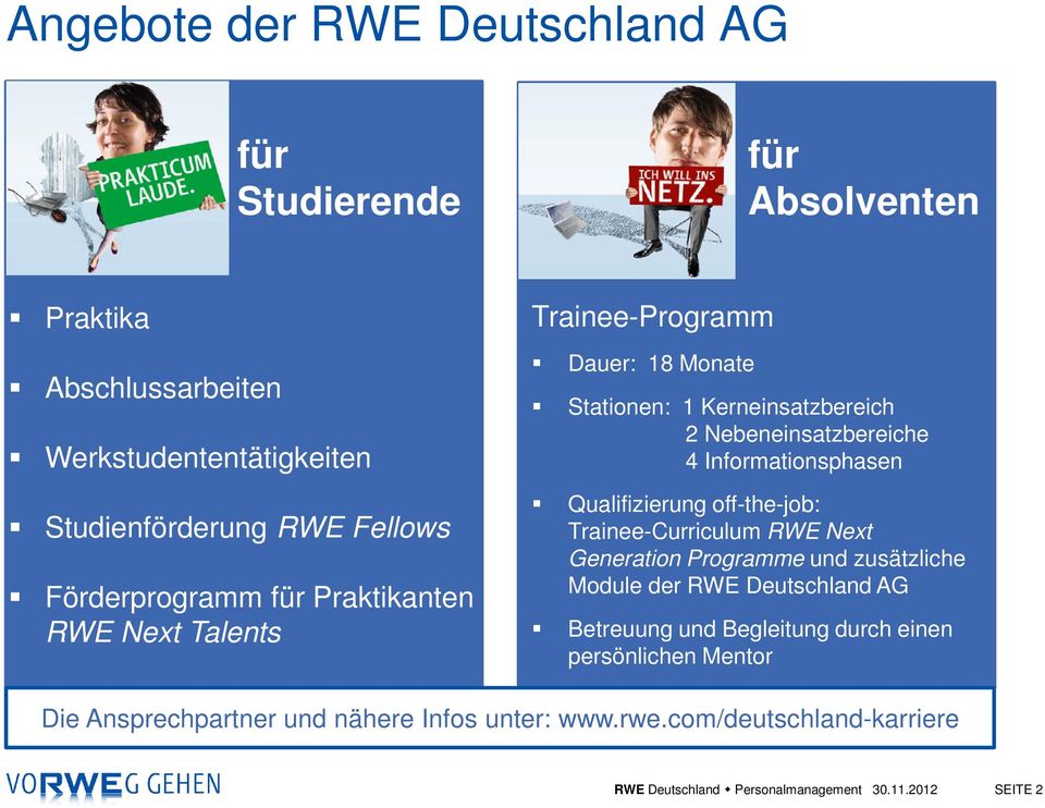 Informationsphasen Qualifizierung off-the-job: Trainee-Curriculum RWE Next Generation Programme und zusätzliche Module der RWE Deutschland AG Betreuung