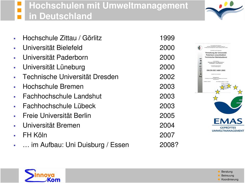 Dresden 2002 Hochschule Bremen 2003 Fachhochschule Landshut 2003 Fachhochschule Lübeck 2003