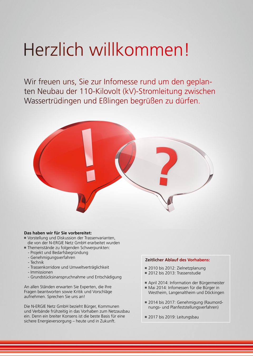 Bedarfsbegründung - Genehmigungsverfahren - Technik - Trassenkorridore und Umweltverträglichkeit - Immissionen - Grundstücksinanspruchnahme und Entschädigung Zeitlicher Ablauf des Vorhabens: 2010 bis