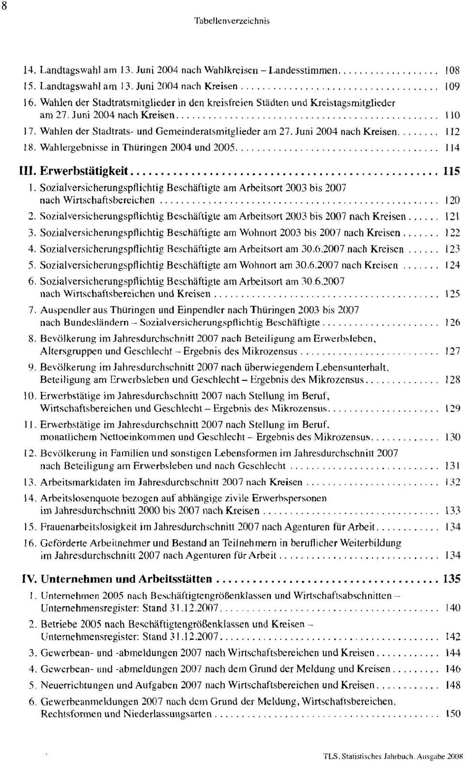 Wahlergebnisse in Thüringen 2004 und 2005. \14 IH. Erwerbstätigkeit " 115 I. Sozialversicherungspftichtig Beschäftigte am Arbeitsort 2003 bis 2007 nach Wirtschaftsbereichen. 120 2.