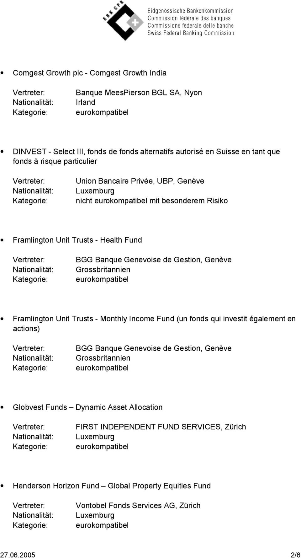 Grossbritannien Framlington Unit Trusts - Monthly Income Fund (un fonds qui investit également en actions) BGG Banque Genevoise de Gestion, Genève Grossbritannien