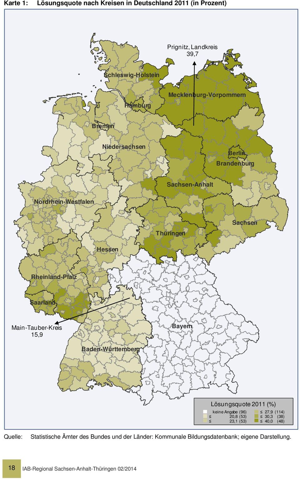 Saarland Main-Tauber-Kreis 15,9 Bayern Baden-Württemberg Lösungsquote 2011 (%) keine Angabe (96) 20,8 (53) 23,1 (53) 27,9 (114) 30,3 (38)