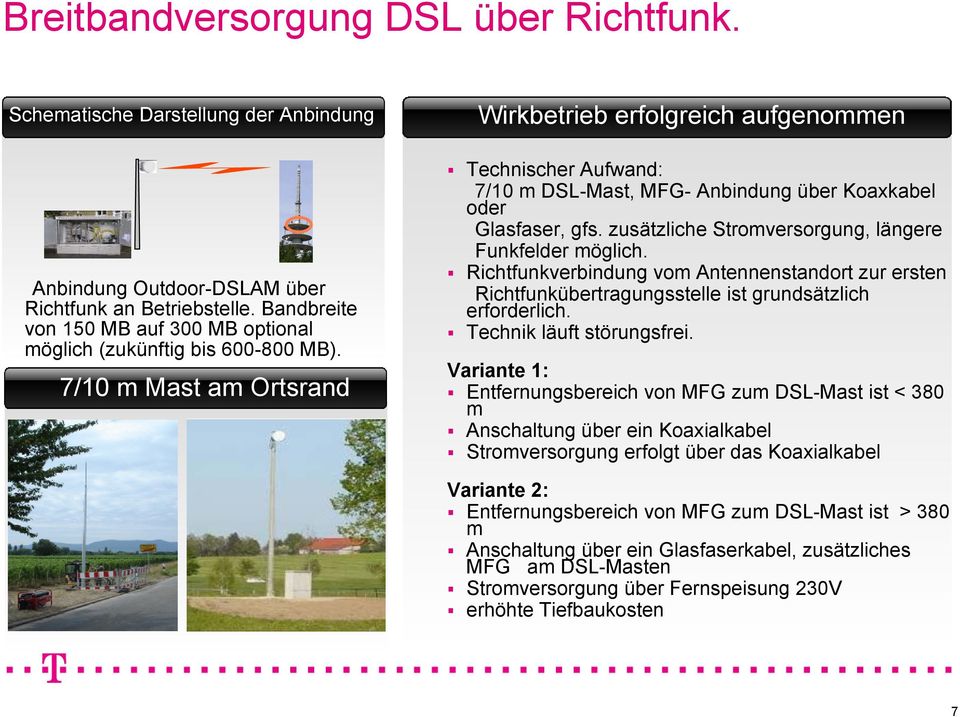 7/1 m Mast am Ortsrand Wirkbetrieb erfolgreich aufgenommen Technischer Aufwand: 7/1 m DSL-Mast, MFG- Anbindung über Koaxkabel oder Glasfaser, gfs.