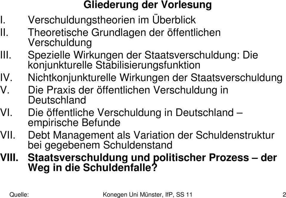 Die Praxis der öffentlichen Verschuldung in Deutschland VI. Die öffentliche Verschuldung in Deutschland empirische Befunde VII.