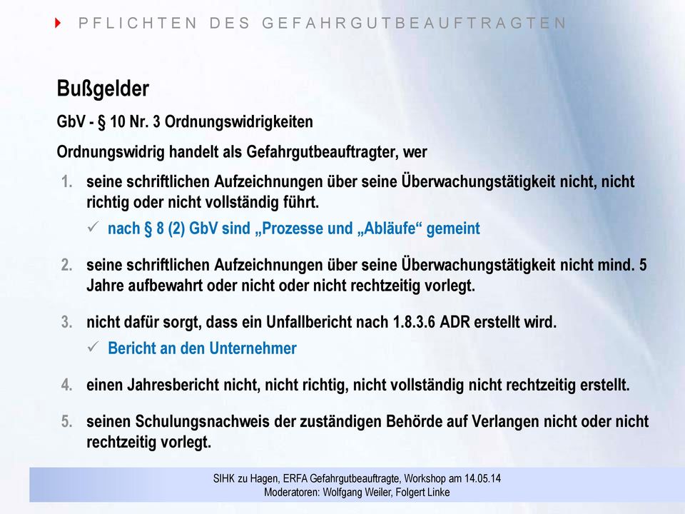 seine schriftlichen Aufzeichnungen über seine Überwachungstätigkeit nicht mind. 5 Jahre aufbewahrt oder nicht oder nicht rechtzeitig vorlegt. 3.