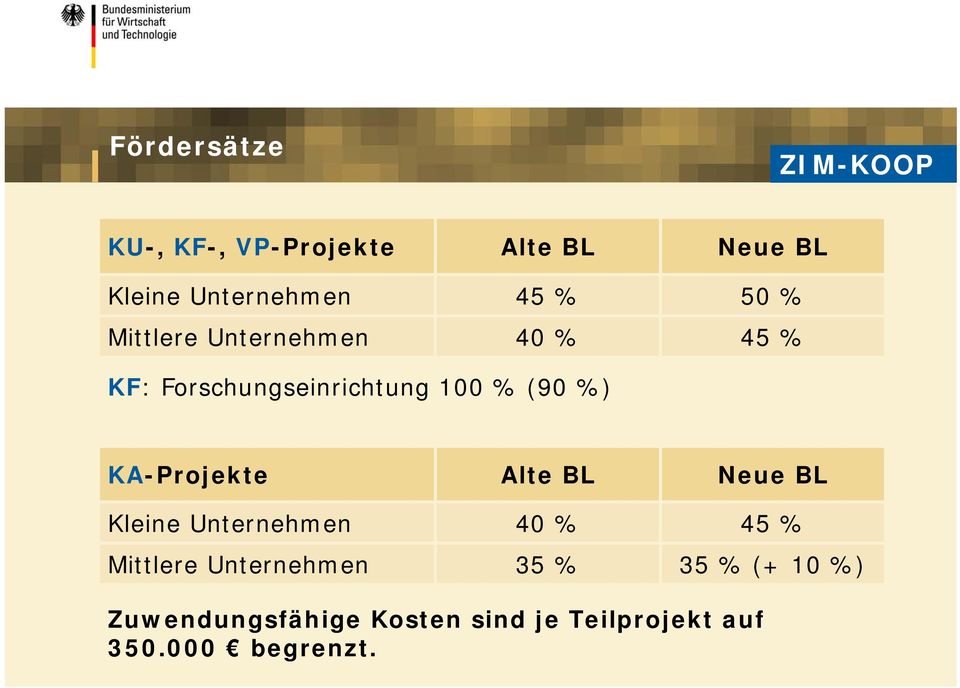 KA-Projekte Alte BL Neue BL Kleine Unternehmen 40 % 45 % Mittlere Unternehmen