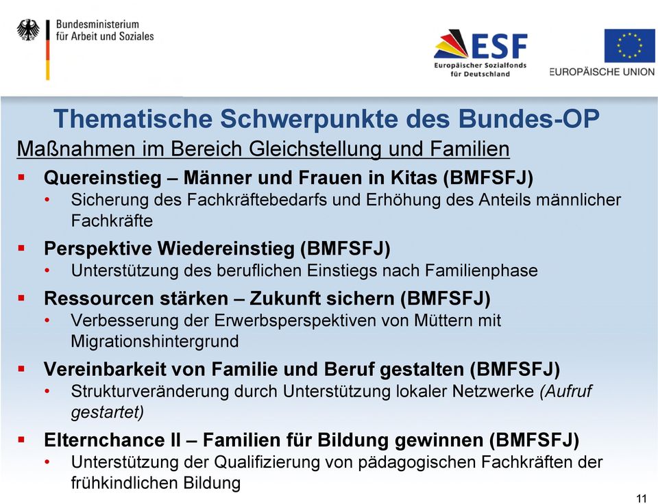 (BMFSFJ) Verbesserung der Erwerbsperspektiven von Müttern mit Migrationshintergrund Vereinbarkeit von Familie und Beruf gestalten (BMFSFJ) Strukturveränderung durch