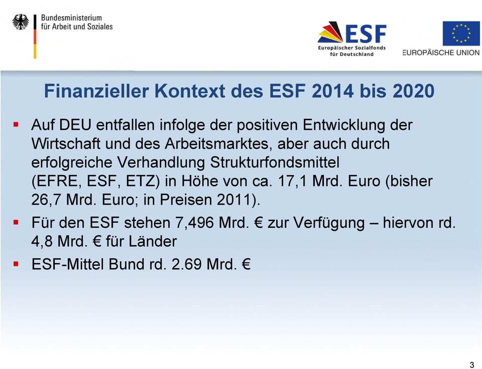 Strukturfondsmittel (EFRE, ESF, ETZ) in Höhe von ca. 17,1 Mrd. Euro (bisher 26,7 Mrd.