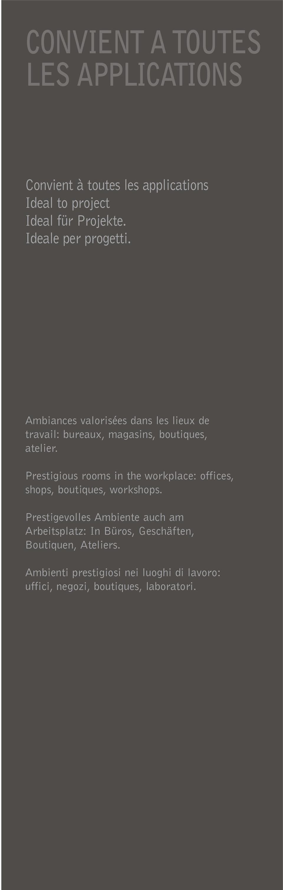 Prestigious rooms in the workplace: offices, shops, boutiques, workshops.