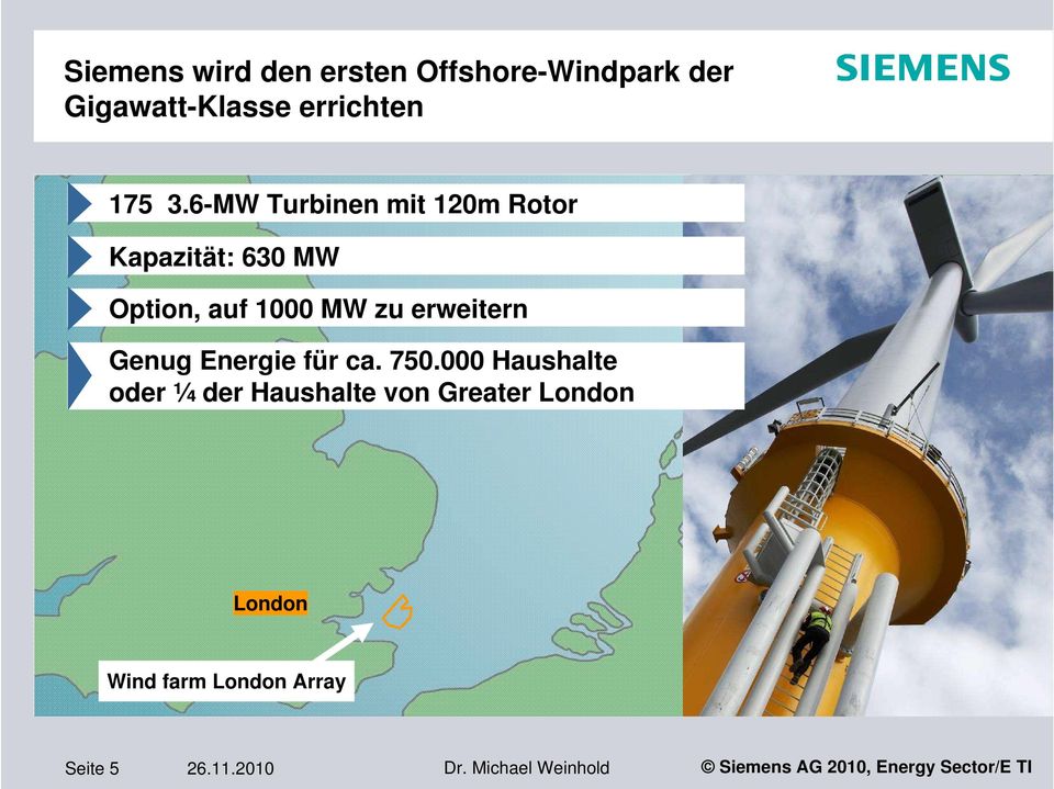 6-MW Turbinen mit 120m Rotor Kapazität: 630 MW Option, auf 1000 MW