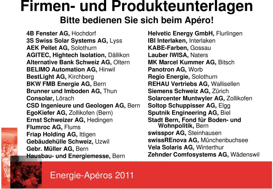 Kirchberg BKW FMB Energie AG, Bern Brunner und Imboden AG, Thun Consolar, Lörach CSD Ingenieure und Geologen AG, Bern EgoKiefer AG, Zollikofen (Bern) Ernst Schweizer AG, Hedingen Flumroc AG, Flums