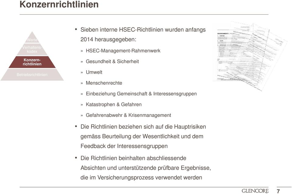 Gefahrenabwehr & Krisenmanagement Die Richtlinien beziehen sich auf die Hauptrisiken gemäss Beurteilung der Wesentlichkeit und dem Feedback der