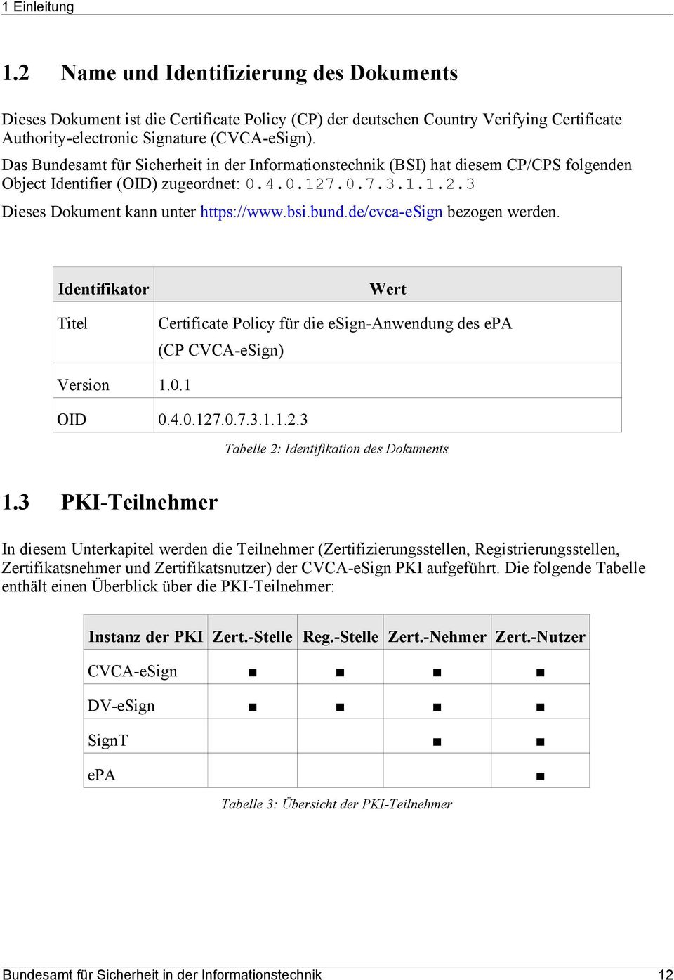 de/cvca-esign bezogen werden. Identifikator Titel Wert Certificate Policy für die esign-anwendung des epa (CP CVCA-eSign) Version 1.0.1 OID 0.4.0.127.0.7.3.1.1.2.3 Tabelle 2: Identifikation des Dokuments 1.