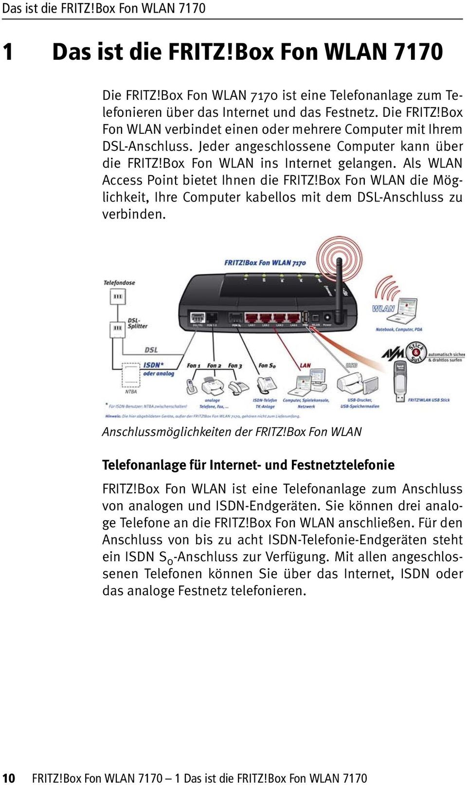 Box Fon WLAN die Möglichkeit, Ihre Computer kabellos mit dem DSL-Anschluss zu verbinden. Anschlussmöglichkeiten der FRITZ!Box Fon WLAN Telefonanlage für Internet- und Festnetztelefonie FRITZ!