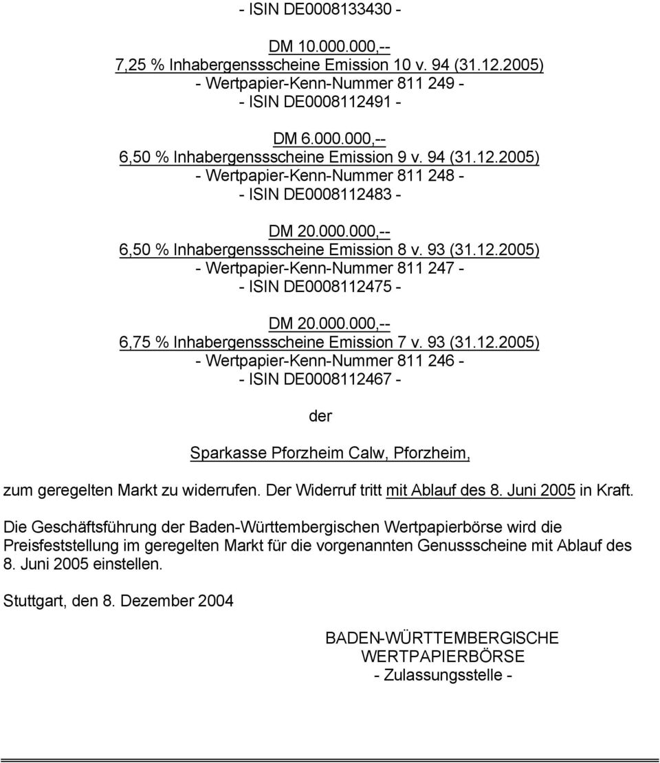 000.000,-- 6,75 % Inhabergenssscheine Emission 7 v. 93 (31.12.2005) - Wertpapier-Kenn-Nummer 811 246 - - ISIN DE0008112467 - Sparkasse Pforzheim Calw, Pforzheim, zum geregelten Markt zu wirufen.