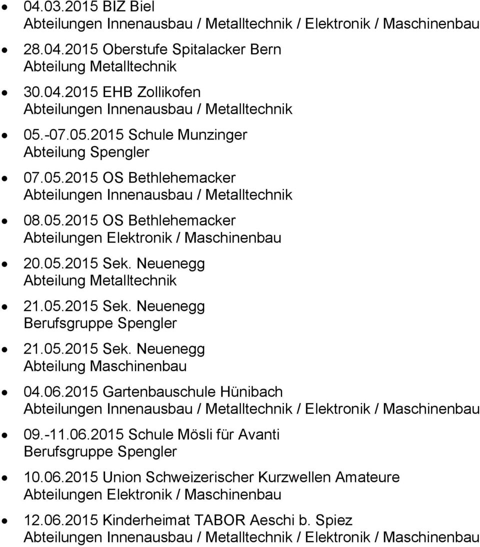 Neuenegg Abteilung Metalltechnik 21.05.2015 Sek. Neuenegg Berufsgruppe Spengler 21.05.2015 Sek. Neuenegg Abteilung Maschinenbau 04.06.