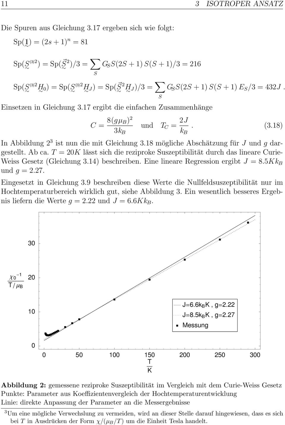 Einsetzen in Gleichung 3.17 ergibt die einfachen Zusammenhänge C = 8(gµ B) 2 3k B und C = 2J k B. (3.18) In Abbildung 2 3 ist nun die mit Gleichung 3.18 mögliche Abschätzung für J und g dargestellt.