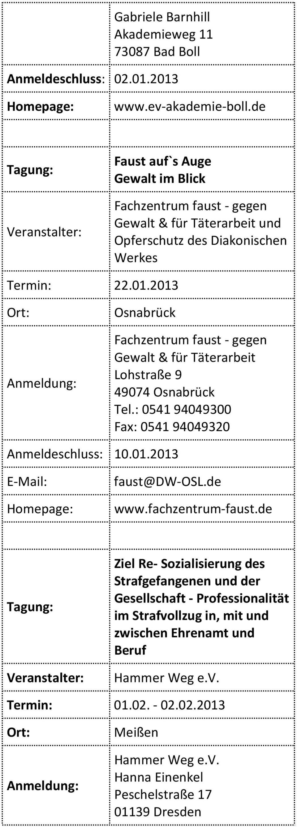 2013 Osnabrück Fachzentrum faust - gegen Gewalt & für Täterarbeit Lohstraße 9 49074 Osnabrück Tel.: 0541 94049300 Fax: 0541 94049320 Anmeldeschluss: 10.01.2013 faust@dw-osl.