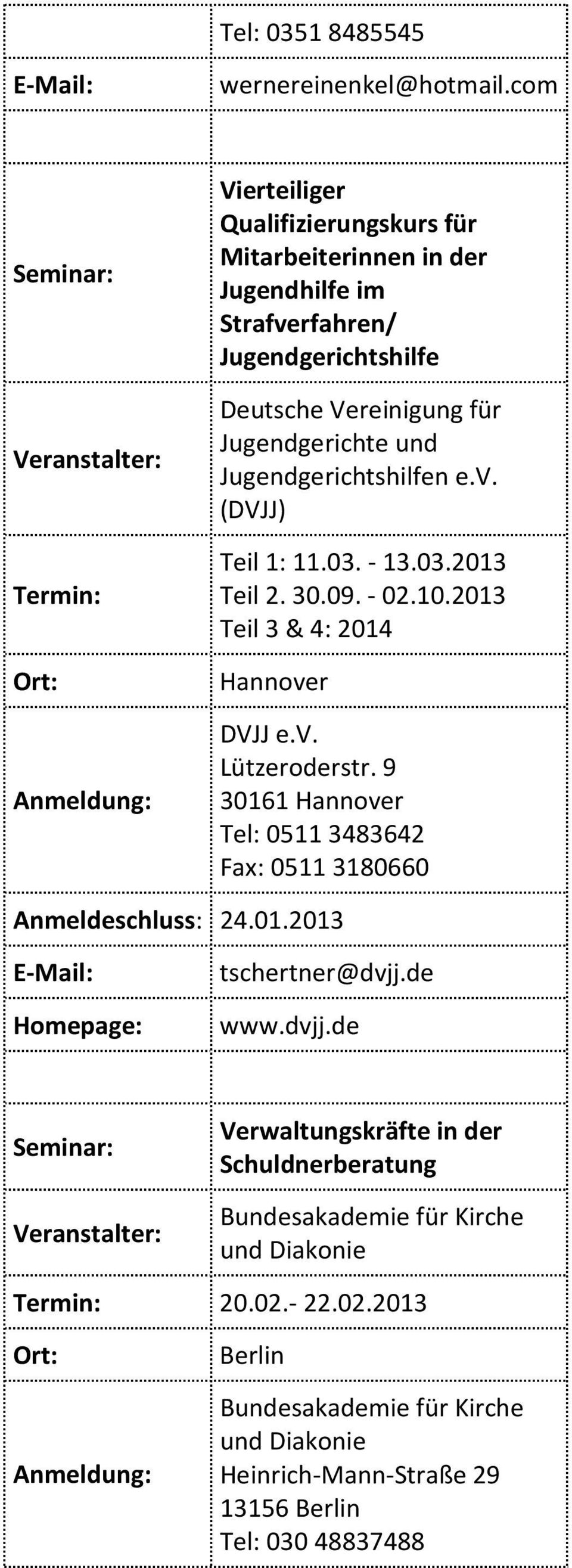 Jugendgerichtshilfen e.v. (DVJJ) Teil 1: 11.03. - 13.03.2013 Teil 2. 30.09. - 02.10.2013 Teil 3 & 4: 2014 Hannover DVJJ e.v. Lützeroderstr.