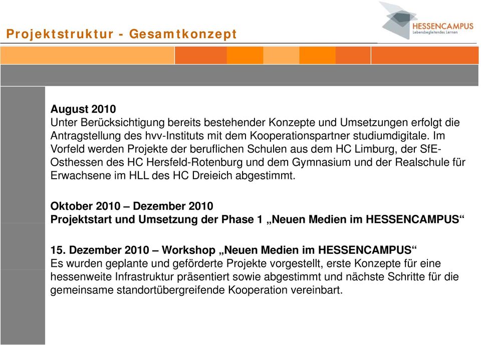 Im Vorfeld werden Projekte der beruflichen Schulen aus dem HC Limburg, der SfE- Osthessen des HC Hersfeld-Rotenburg und dem Gymnasium und der Realschule für Erwachsene im HLL des HC Dreieich