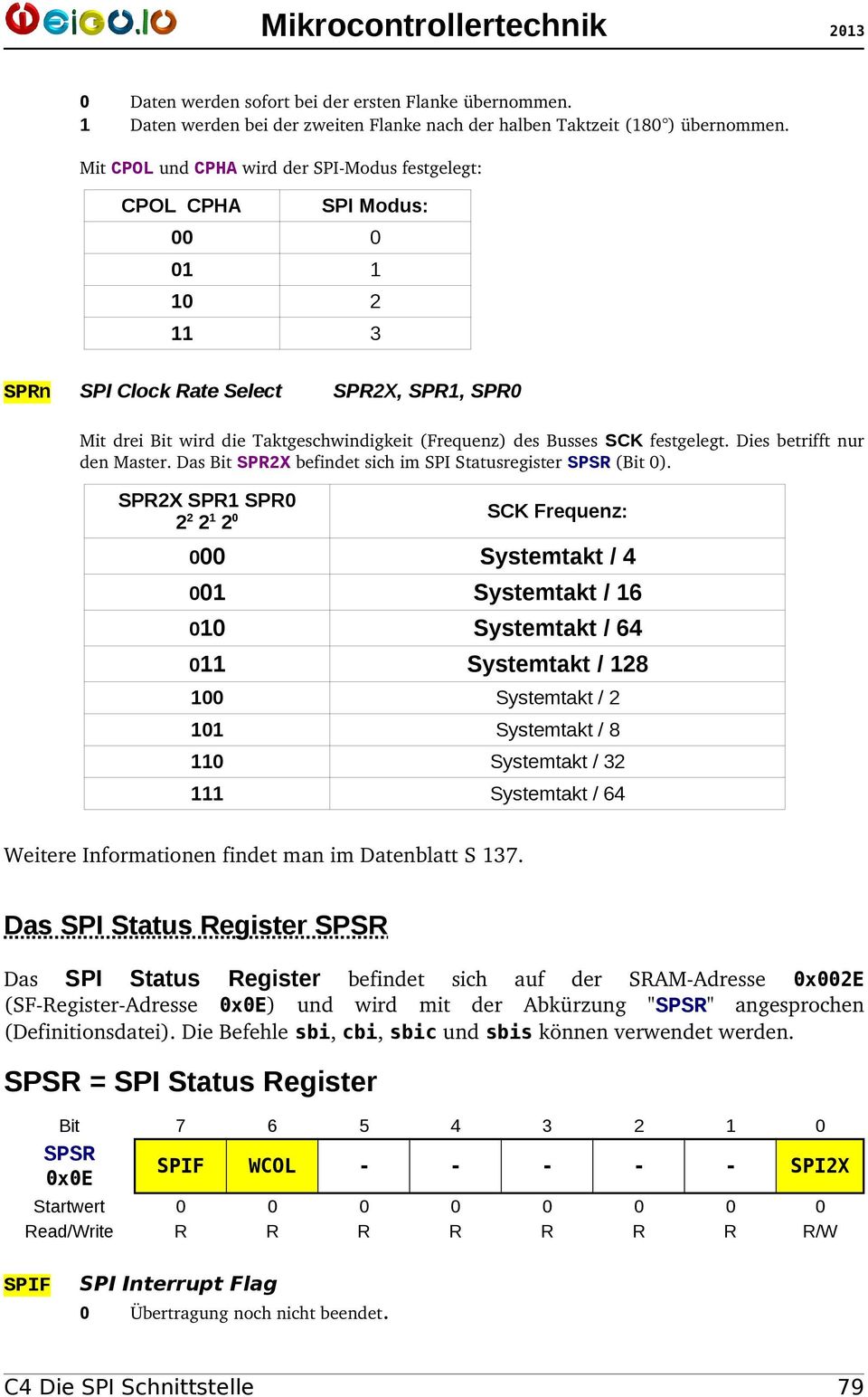 SCK festgelegt. Dies betrifft nur den Master. Das Bit SPR2X befindet sich im SPI Statusregister SPSR (Bit 0).