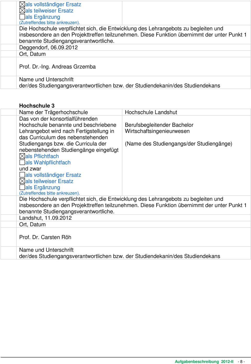 Diese Funktion übernimmt der unter Punkt 1 benannte Studiengangsverantwortliche. Deggendorf, 06.09.2012 Ort, Datum Prof. Dr.-Ing.