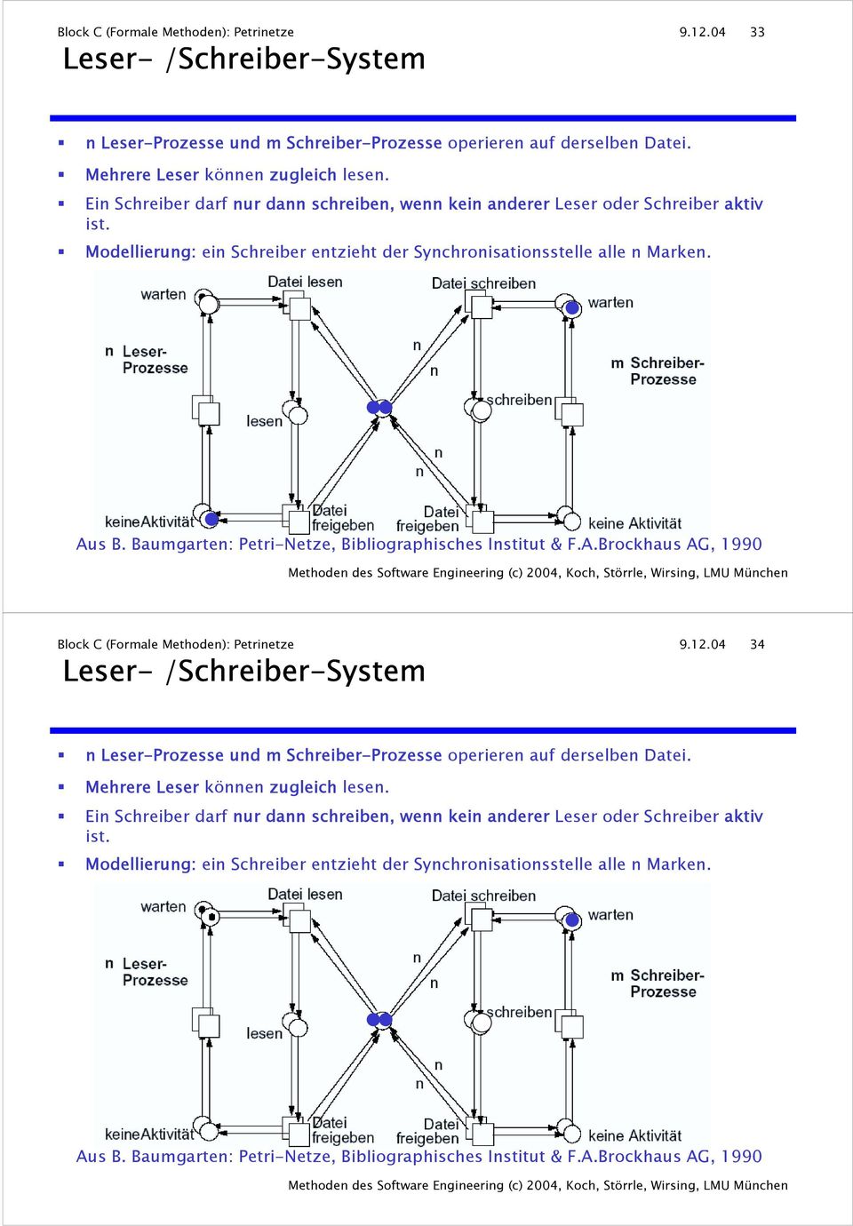 Baumgarten: Petri-Netze, Bibliographisches Institut & F.A.Brockhaus AG, 1990 Block C (Formale Methoden): Petrinetze 9.12.04 34 Leser- /Schreiber-System!