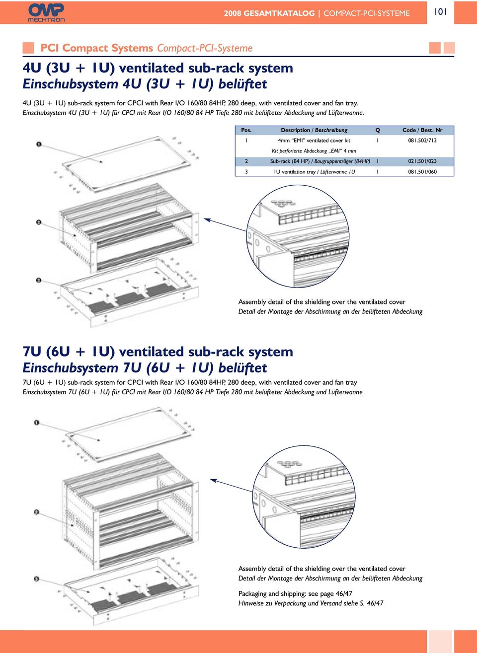 Nr 1 4mm EMI ventilated cover kit 1 081.503/713 Kit perforierte Abdeckung EMI 4 mm 2 Sub-rack (84 HP) / Baugruppenträger (84HP) 1 021.501/023 3 1U ventilation tray / Lüfterwanne 1U 1 081.
