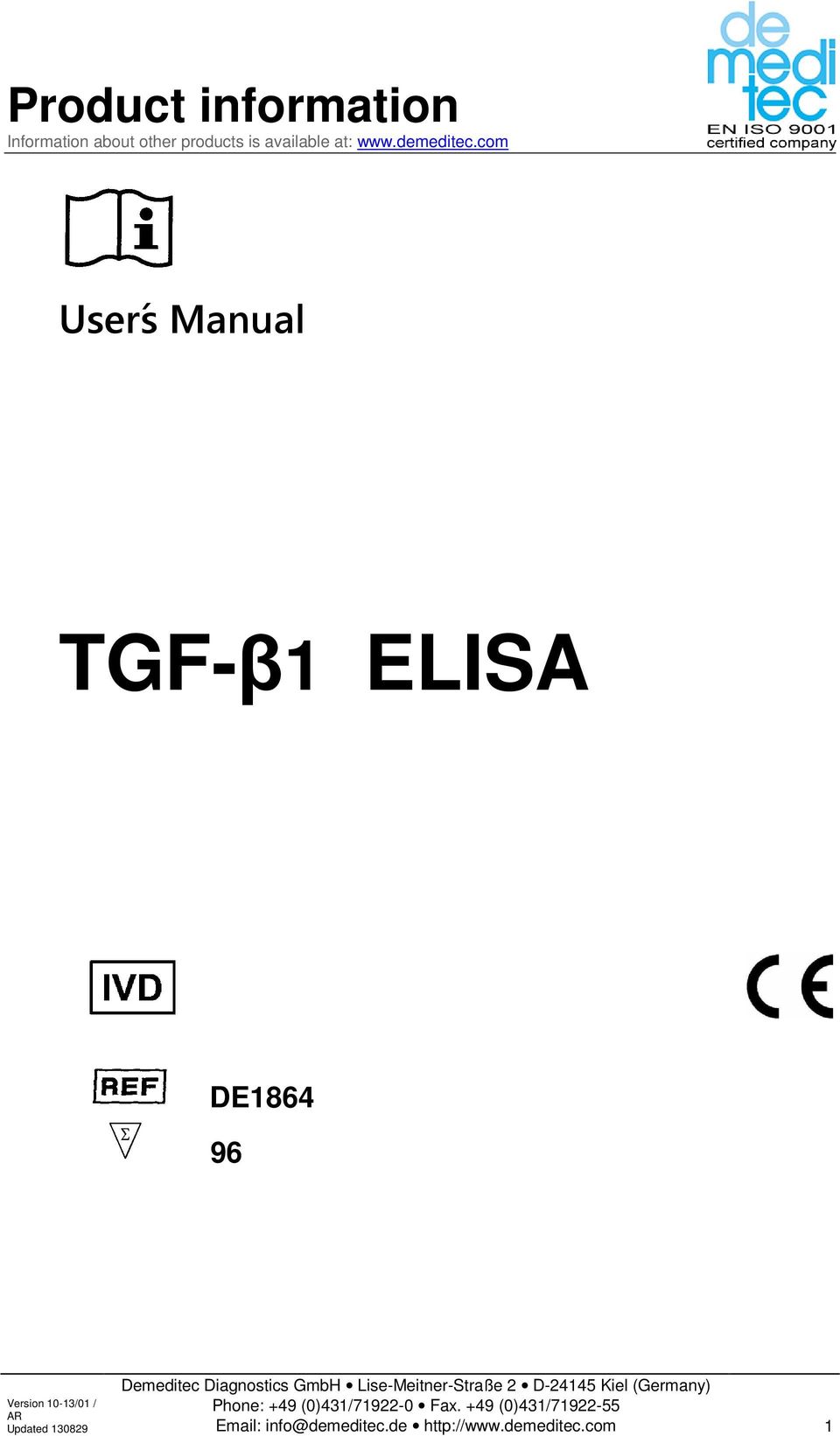 com Userś Manual TGF-β1 ELISA DE1864 96