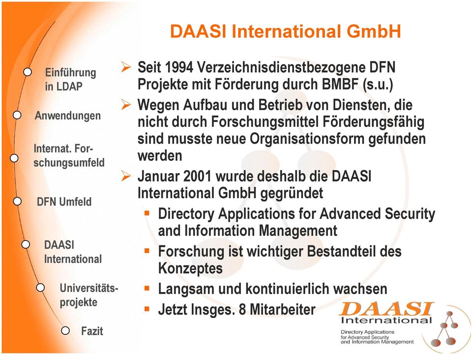 musste neue Organisationsform gefunden werden Januar 2001 wurde deshalb die GmbH gegründet Directory Applications