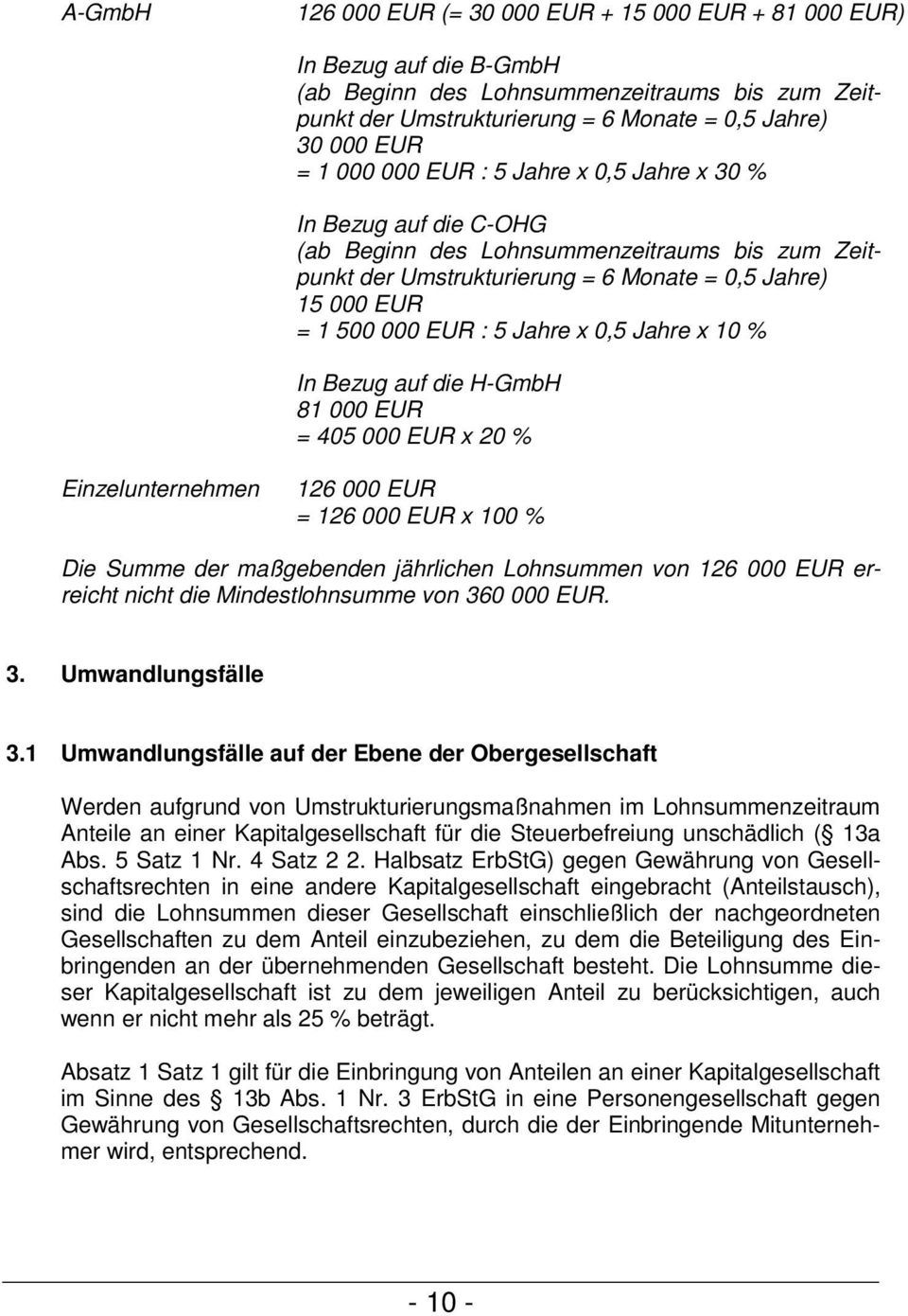 Einzelunternehmen 126 00 = 126 00 x 100 % Die Summe der maßgebenden jährlichen Lohnsummen von 126 00 erreicht nicht die Mindestlohnsumme von 360 00. 3. Umwandlungsfälle 3.