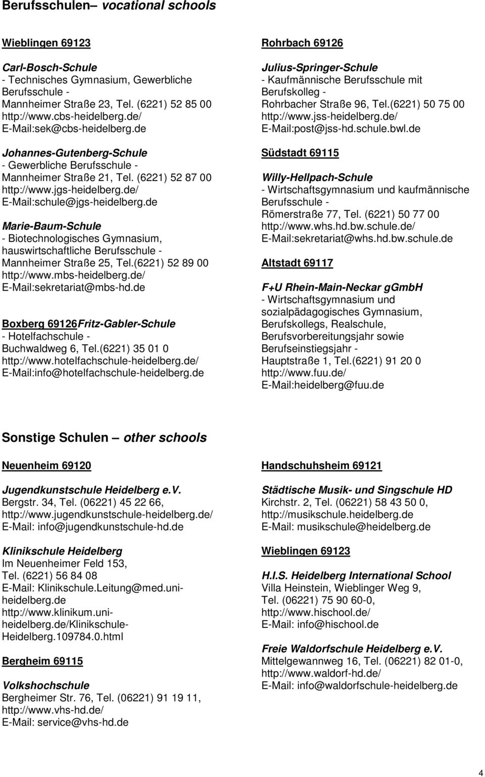 de Marie-Baum-Schule - Biotechnologisches Gymnasium, hauswirtschaftliche Mannheimer Straße 25, Tel.(6221) 52 89 00 http://www.mbs-heidelberg.de/ E-Mail:sekretariat@mbs-hd.