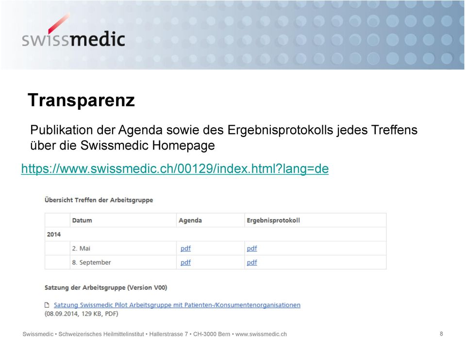 Treffens über die Swissmedic Homepage