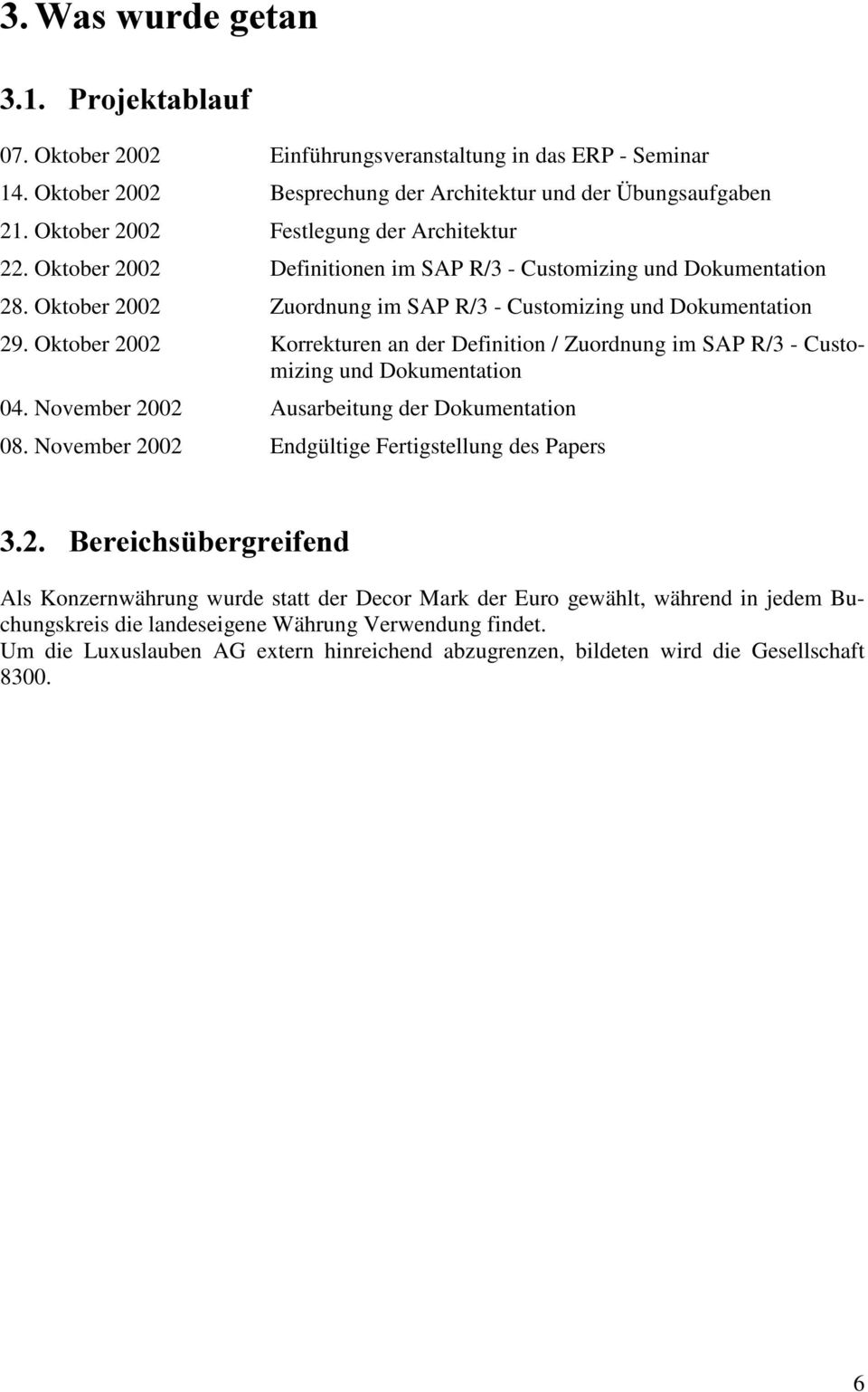 Oktober 2002 Korrekturen an der Definition / Zuordnung im SAP R/3 - Customizing und Dokumentation 04. November 2002 Ausarbeitung der Dokumentation 08.