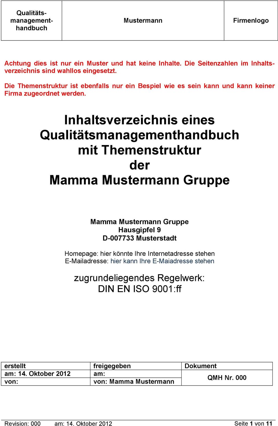 Inhaltsverzeichnis eines QualitÄtsmanagementhandbuch mit Themenstruktur der Mamma Gruppe Mamma Gruppe Hausgipfel 9 D-007733 Musterstadt Homepage: hier kännte