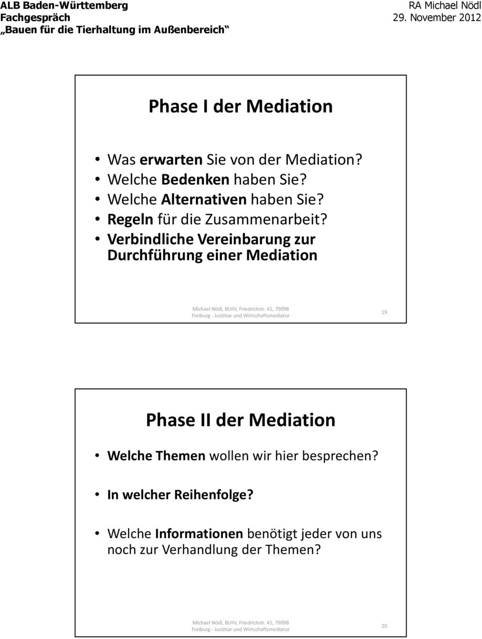 Verbindliche Vereinbarung zur Durchführung einer Mediation 19 Phase II der Mediation Welche