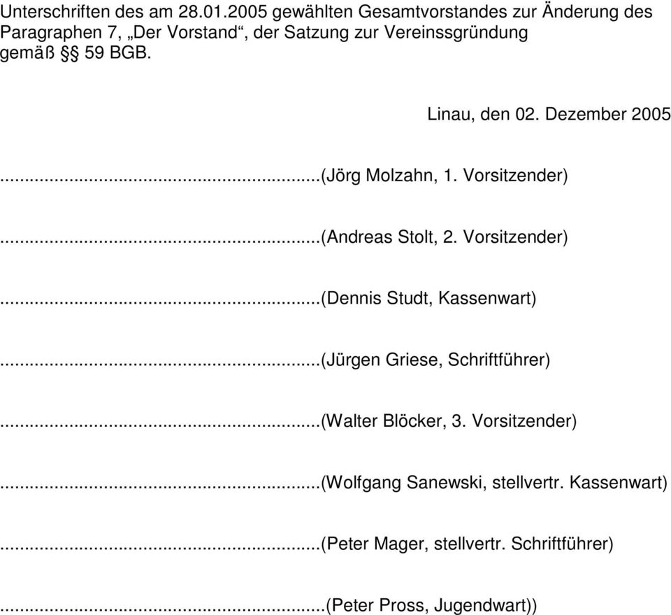 59 BGB. Linau, den 02. Dezember 2005...(Jörg Molzahn, 1. Vorsitzender)...(Andreas Stolt, 2. Vorsitzender)...(Dennis Studt, Kassenwart).