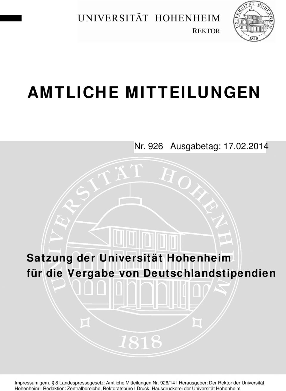Impressum gem. 8 Landespressegesetz: Amtliche Mitteilungen Nr.