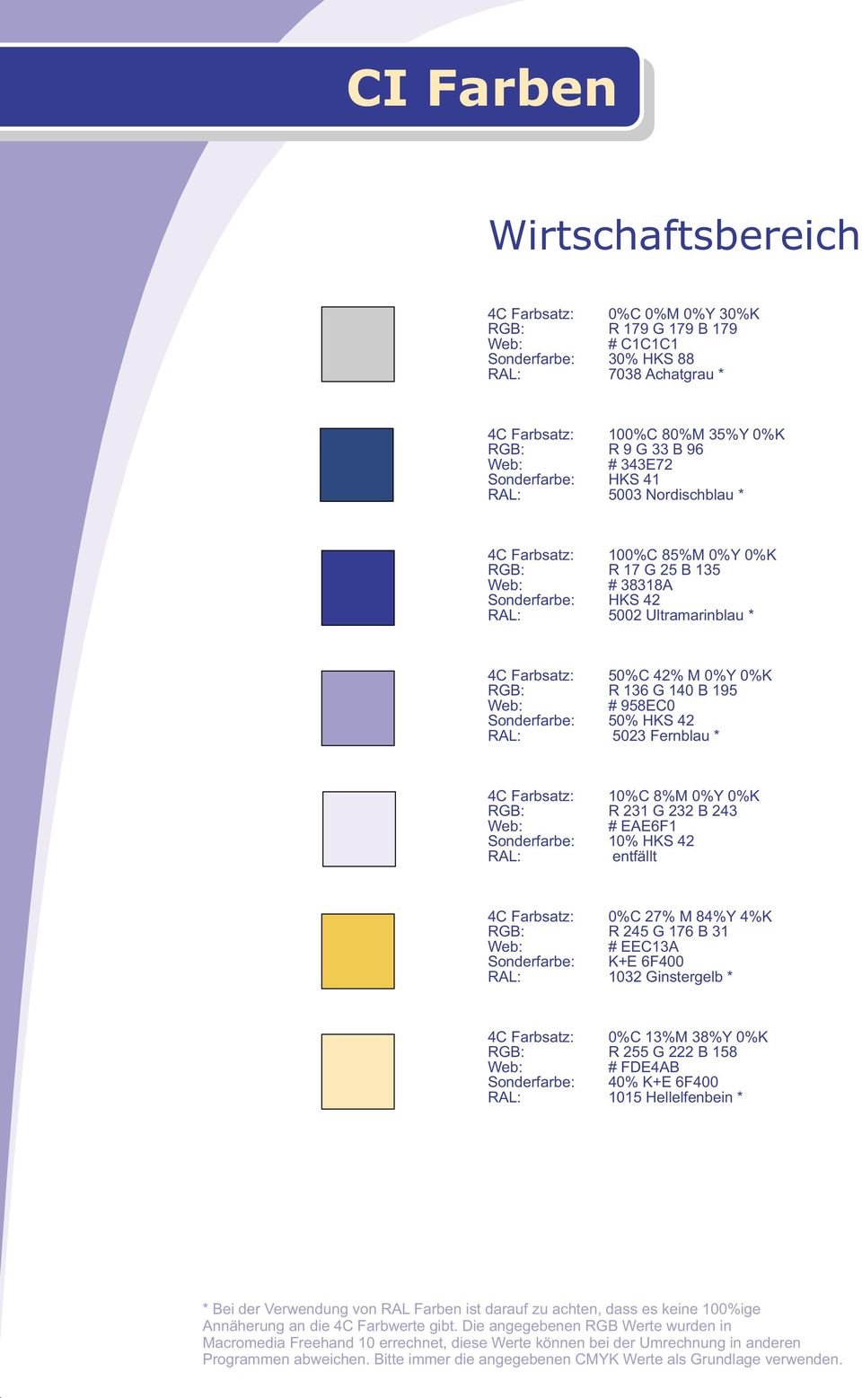 140 B 195 # 958EC0 Sonderfarbe: 50% HKS 42 RAL: 5023 Fernblau * 4C Farbsatz: 10%C 8%M 0%Y 0%K RGB: R 231 G 232 B 243 # EAE6F1 Sonderfarbe: 10% HKS 42 RAL: entfällt 4C Farbsatz: 0%C 27% M 84%Y 4%K
