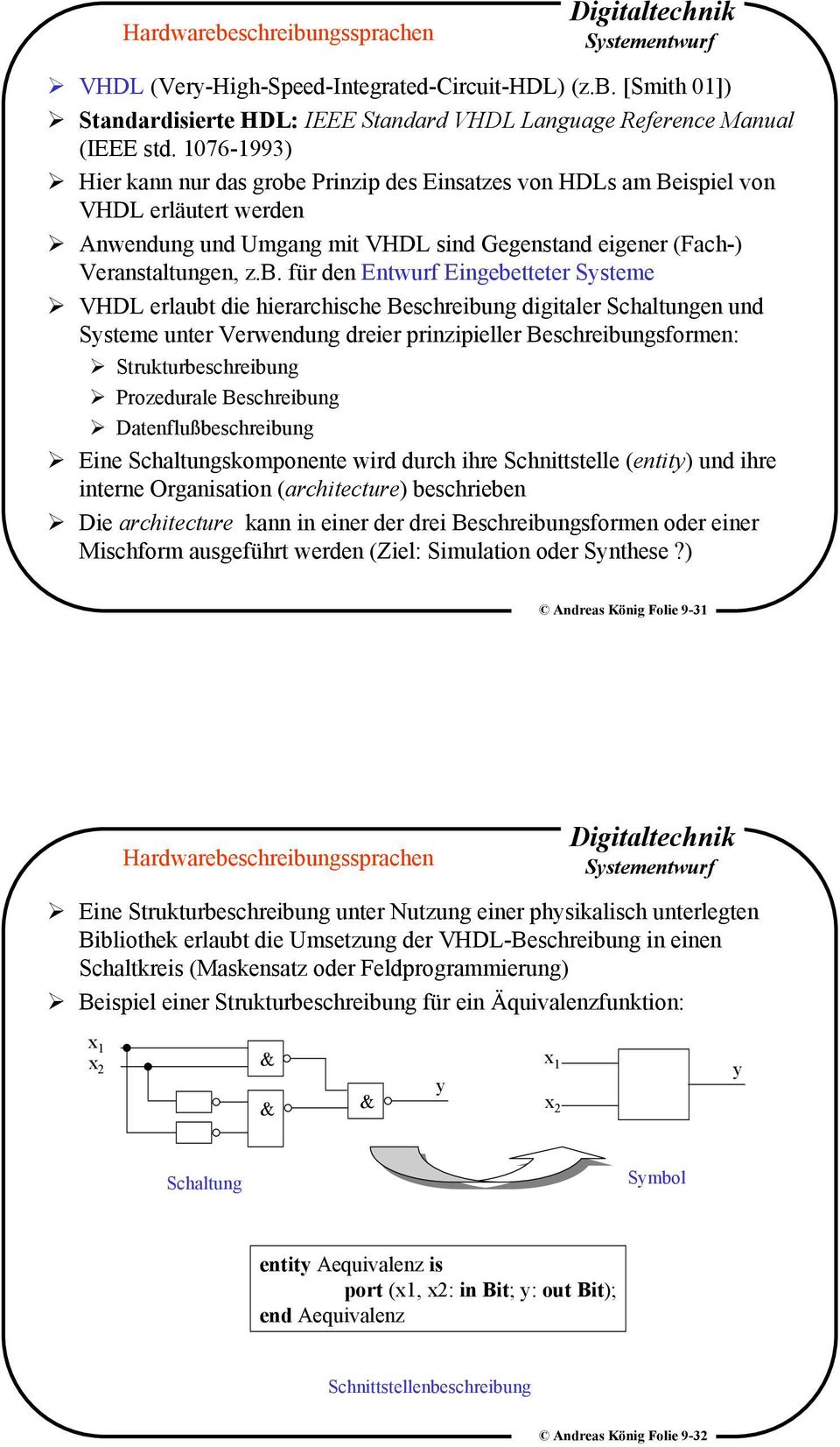 Prinzip des Einsatzes von HDLs am Beispiel von VHDL erläutert werden Anwendung und Umgang mit VHDL sind Gegenstand eigener (Fach-) Veranstaltungen, z.b.