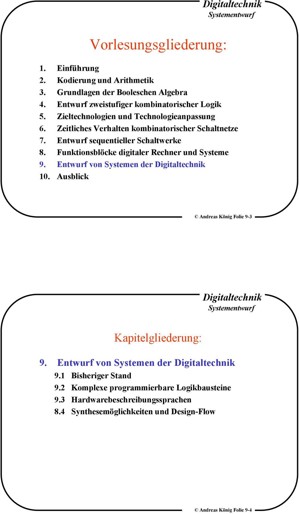 Funktionsblöcke digitaler Rechner und Systeme 9. Entwurf von Systemen der 10. Ausblick Andreas König Folie 9-3 Kapitelgliederung: 9.