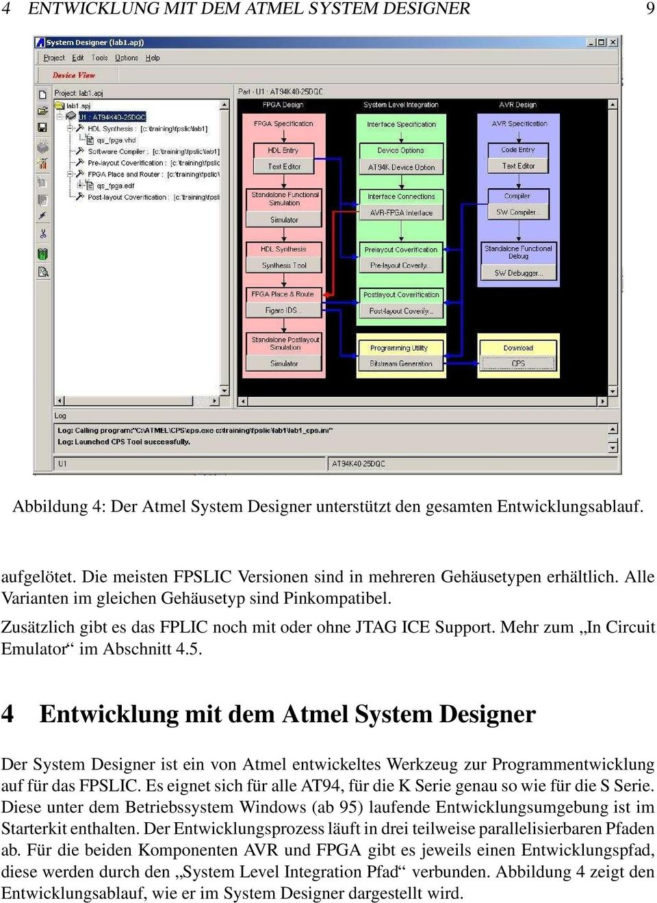 Mehr zum In Circuit Emulator im Abschnitt 4.5. 4 Entwicklung mit dem Atmel System Designer Der System Designer ist ein von Atmel entwickeltes Werkzeug zur Programmentwicklung auf für das FPSLIC.
