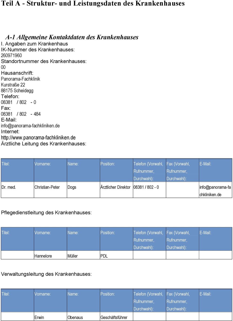 802-484 E-Mail: info@panorama-fachkliniken.de Internet: http://www.panorama-fachkliniken.de Ärztliche Leitung des Krankenhauses: Titel: Vorname: Name: Position: Telefon (Vorwahl, Fax (Vorwahl, E-Mail: Dr.