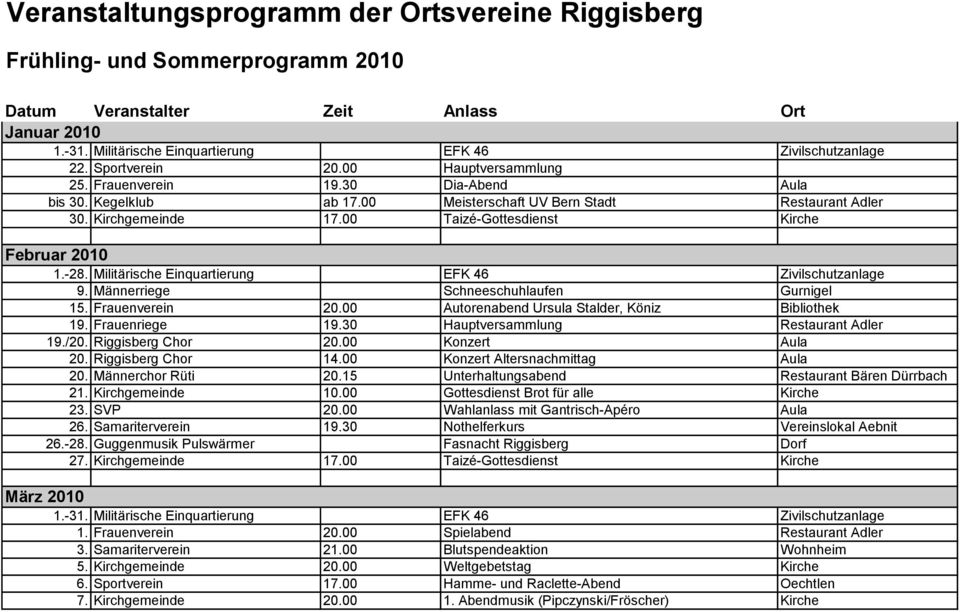 00 Taizé-Gottesdienst Kirche Februar 2010 1.-28. Militärische Einquartierung EFK 46 Zivilschutzanlage 9. Männerriege Schneeschuhlaufen Gurnigel 15. Frauenverein 20.